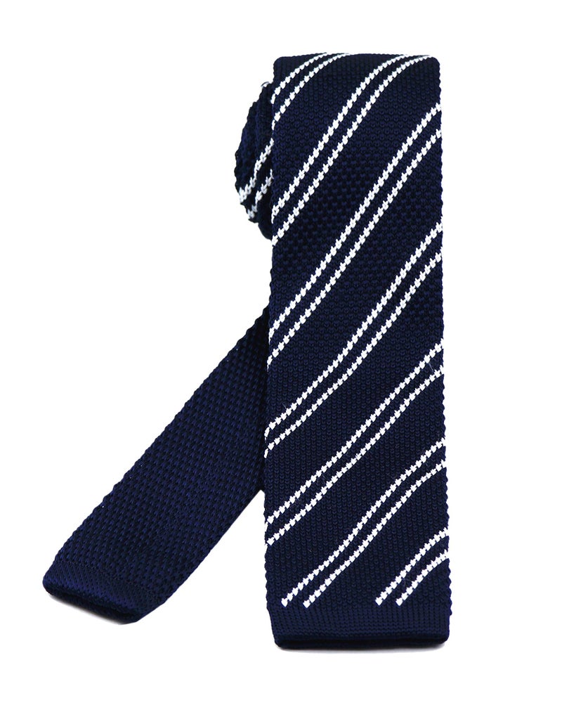 Secdtie Men's Wide Striped Navy Blue White Wool Knit Ties Border Patterned Slim Fashion Necktie for Wedding - Image 5